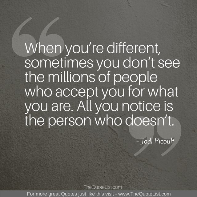 "When you’re different, sometimes you don’t see the millions of people who accept you for what you are. All you notice is the person who doesn’t." by Jodi Picoult